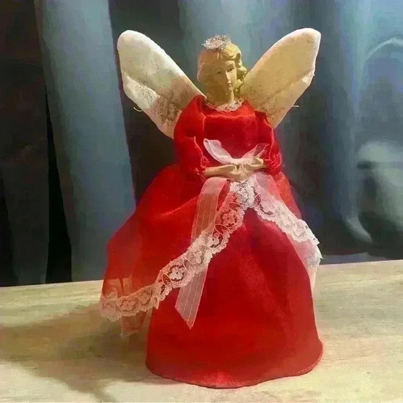 Vintage Christmas Tree Topper Angel, Blonde Hair, Red Dress, approximately 9.5” - Picture 3 of 5